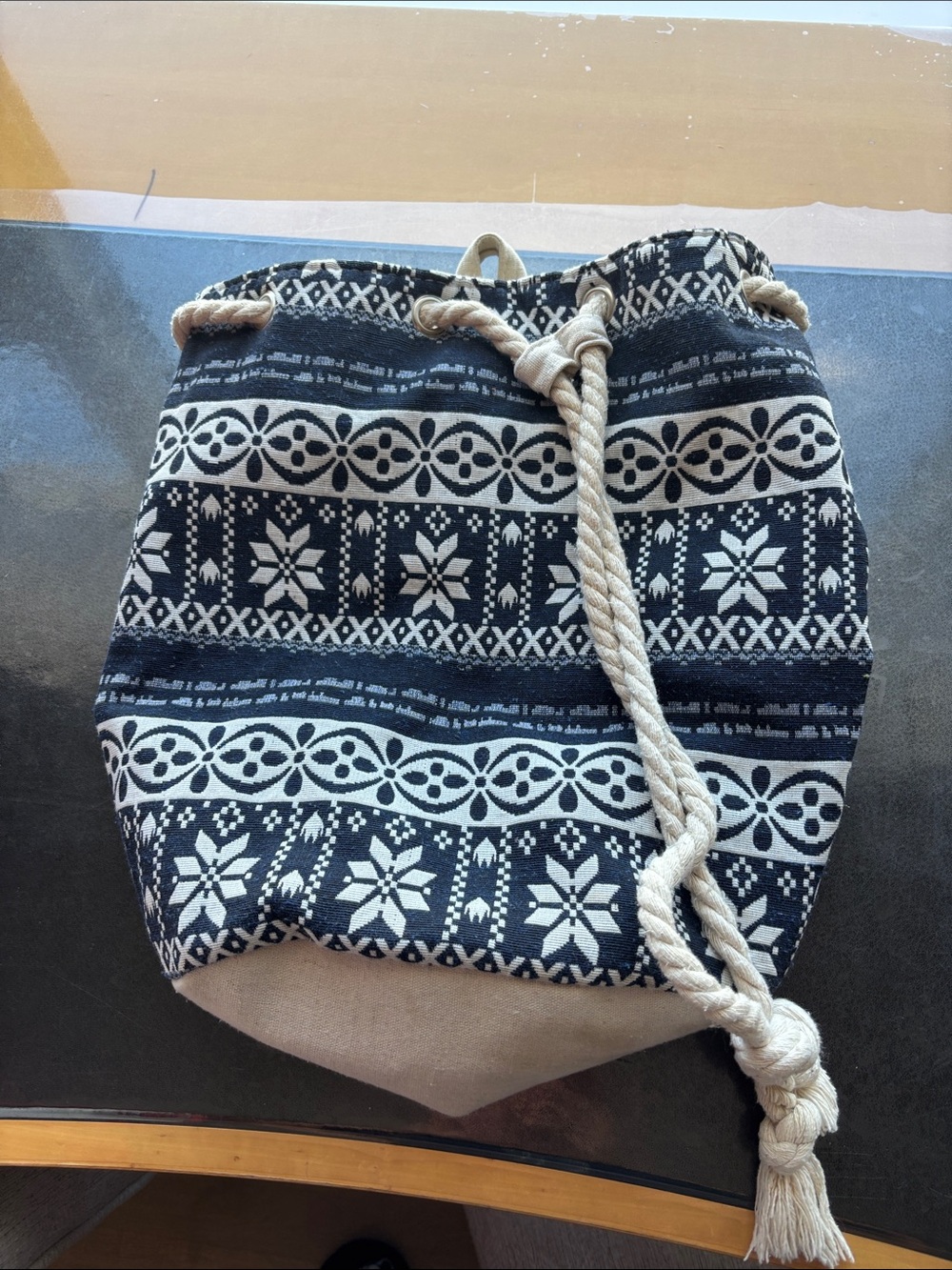 Canvas Drawstring Bucket Bag in Navy and Cream